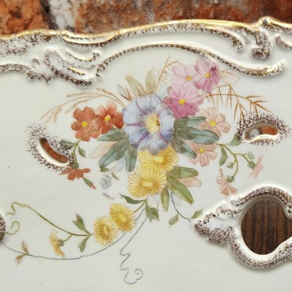 Royal Bonn Germany Pierced Vanity Tray 11” Floral Gilt Corset Stay Holder - Picture 3 of 11
